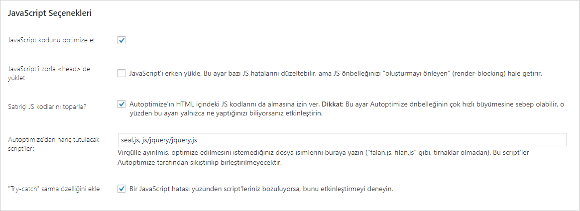 Autoptimize Javascript ayarları