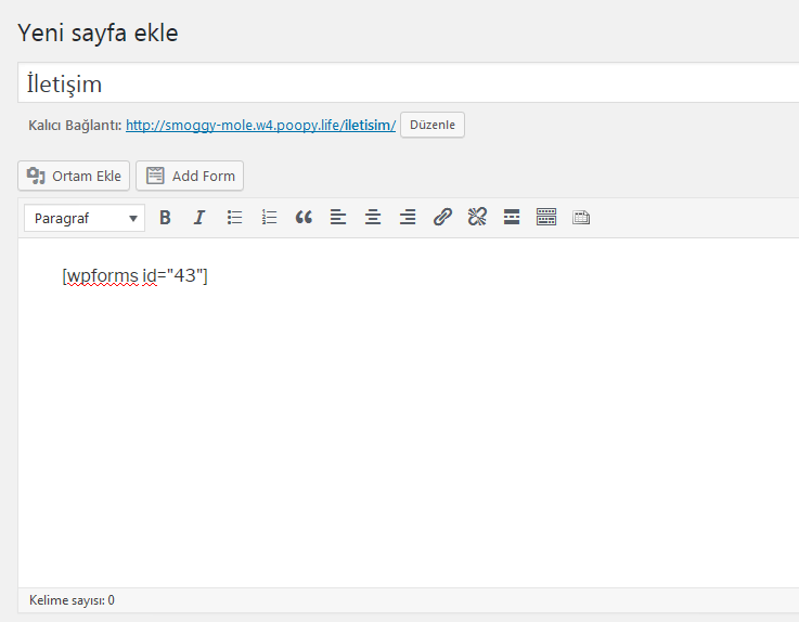 WP forms kısa kod