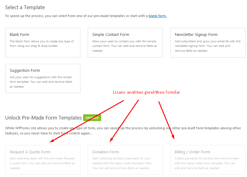 WP forms şablon seçim ekranı