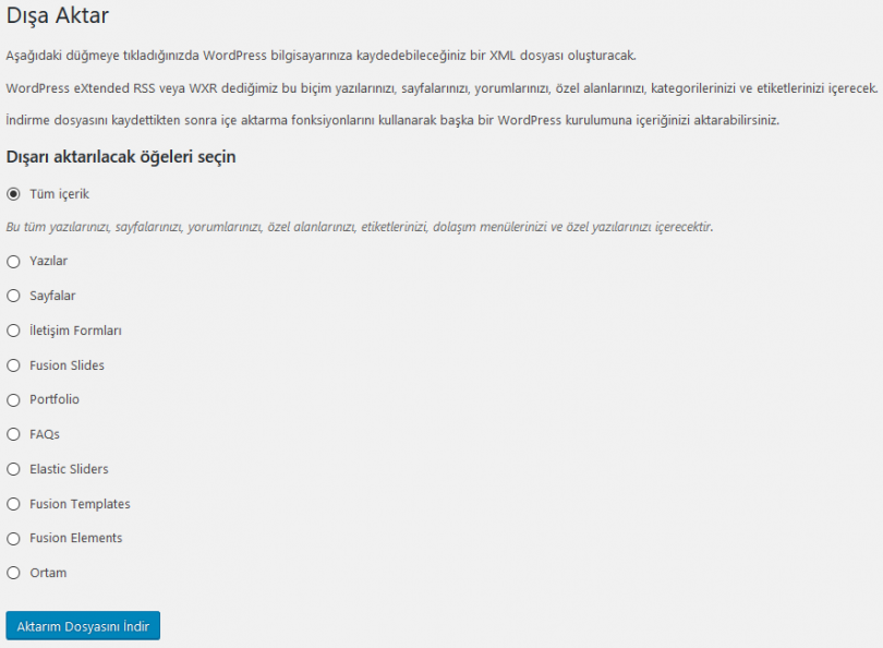 WordPress dışa aktarma