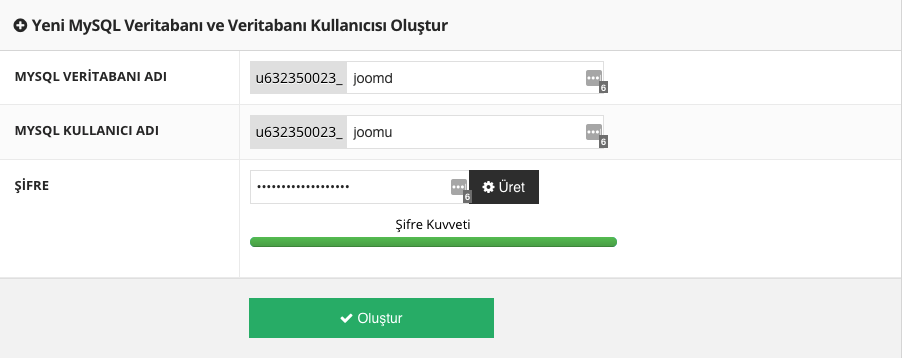 joomla için veritabanı oluşturma